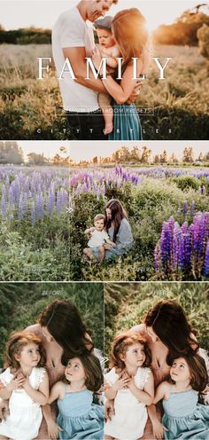 the family is posing in front of purple flowers and lavenders for their photo shoot