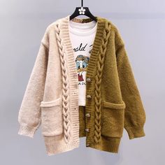 Size: Free Size, Color: Khaki Trendy Green Acrylic Outerwear, Trendy Acrylic Cardigan With Cable Knit, Trendy Acrylic Cable Knit Cardigan, Trendy Green Acrylic Cardigan, Cute Green Winter Cardigan, Cute Green Fall Cardigan, Cute Acrylic Winter Cardigan, Cute Chunky Knit Outerwear For Winter, Stylish Winter Coats