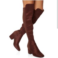 Over The Knee Boot Square Toe Block Heel Mid Heel: 2-3 Inches 50/50 Elastic Hidden Side Zipper Boot Shaft Height: 19 Inches Heel Height: 2.5 Inches All My Items Are Open To Offers Luxury Brown Knee-high Boots With Reinforced Heel, Luxury Brown Knee-high Boots With Sculpted Heel, Luxury Brown Formal Knee-high Boots, Red Suede Boots, Thigh High Stiletto Boots, Above Knee Boots, Blue Suede Boots, Suede Over The Knee Boots, Brown Leather Riding Boots