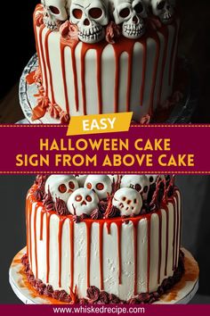 halloween cake with orange icing and skulls on top, in front of the words easy halloween cake sign from above