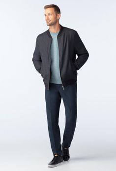 Stay warm and look cool with the Hayward Flannel Charcoal Bomber Jacket. This streetwear essential features a blend of merino wool and spandex that's as warm as it is soft. Wear it with jeans, custom Indochino chinos or a casual shirt-anything goes. Casual Slim Fit Outerwear With Pockets, Casual Stretch Gray Outerwear, Slim Fit Cotton Winter Outerwear, Winter Cotton Slim Fit Outerwear, Classic Stretch Winter Outerwear, Slim Fit Cotton Outerwear For Winter, Casual Tailored Long Sleeve Outerwear, Classic Stretch Outerwear For Layering, Urban Winter Outerwear With Welt Pockets