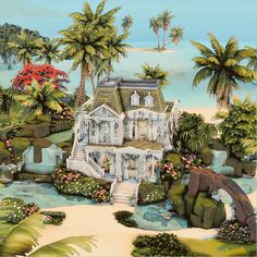 this is a painting of a house on the beach with palm trees and flowers around it