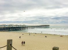 people are walking on the beach near a pier