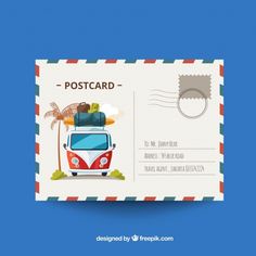 a postcard with an image of a vw bus and palm tree on it