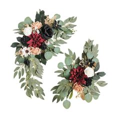 two bouquets with flowers and leaves are shown on a white background, one is red and the other is black