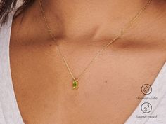 A dainty stone and delicate metallic chain are combined to create this Gold Pendant Necklace in bright peridot, your new favorite wear-anywhere accessory. The birthstone for the month of August is Peridot. This bright green gemstone brings energy to the wearer and symbolizes creativity. Authentic natural peridot stone; Made of 14K gold-filled. Pendant size: 6mm x 4mm with 18" chain. Hypoallergenic, nickel, and lead-free; Tarnish resistant. Ideas to choose your Birthstone Necklace: Your birth mon Fine Jewelry Lime Green Birthstone, Everyday Fine Jewelry Green Necklaces, Everyday Fine Jewelry Green Necklace, Green Fine Jewelry Necklace For Everyday, May Birthstone Pendant Necklace With Delicate Chain, Delicate Green Birthstone Necklace For Gift, Delicate Green Birthstone Necklace, Peridot Birthstone Jewelry Gift, May Birthstone Necklace With Clavicle Chain