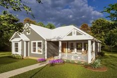 this is a computer rendering of a small house with porches on the front and side