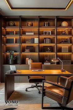 an office with wooden bookshelves and leather chairs in front of a large desk