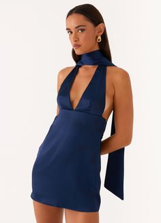 Alicia Satin Halter Mini Dress - Navy Peppermayo Dress, Navy Mini Dress, Hen Party Dress, Hen Party Outfits, Mini Dress Formal, Beige Dresses, Halter Mini Dress, Strapless Tops, Blue Mini Dress