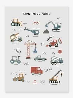 a poster with different types of trucks and cranes on it's sides, all in various colors