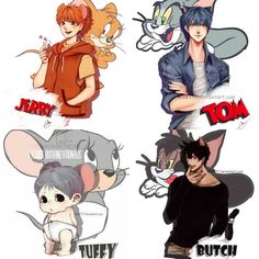 some anime characters with different expressions on their faces and body parts, one is holding a cat