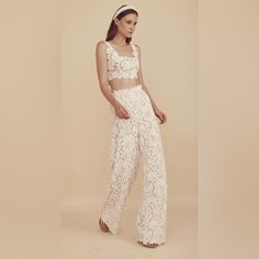 **Only 3 Ever Made** Minor Wear To The Bottom Of The Pants As Shown In Photos Too & Pant Set Luxury White Pants For Wedding, Luxury White Wedding Bottoms, Chic Lace Pants For Evening, Chic Lace Evening Pants, Glamorous Wide Leg Wedding Bottoms, Elegant Wide Leg Lace Pants, Chic Lace Bottoms For Wedding, Elegant Lace Pants For Summer, Elegant Lace Trousers