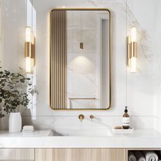 a bathroom with marble counter top and gold framed mirror above the sink, surrounded by plants