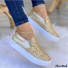 Olivia Mark - Thick Sole Casual Loafer with Sparkling Details - Womens Flat Shoes Womens Flat Shoes, Urban Sneakers, Large Size Womens Shoes, Glitter Flats, Mesh Heels, Shoes Spring, Casual Sneakers Women, Woman Shoes, Trending Sneakers