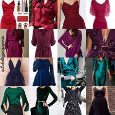 a collage of different colored dresses and accessories