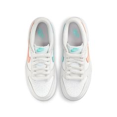 A neutral finish distinguishes the upper, featuring a white leather base with subtly contrasting overlays in off-white Bone. A peach-colored Swoosh adorns the sneaker’s lateral side, while a contrasting aqua hue is applied to the medial-side Swoosh. The latter hue makes repeat appearances via Nike branding hits on the woven tongue tag and mesh sockliner. SKU:CW1590-101 Release Date: 21 May 2021 Color: White/Bone/Peach/Aqua Preppy Shoes, Tropical Twist, Nike Models, Cute Nike Shoes, Cute Nikes, Swag Shoes, Nike Dunk Low, Dream Shoes, Dunk Low