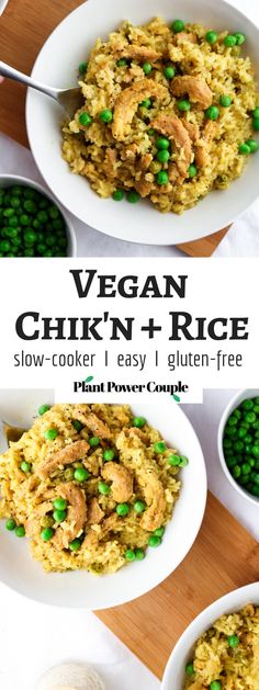 vegan chicken and rice with peas in white bowls