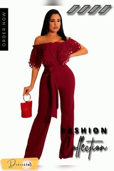 Elegant Off Shoulder Lace Up Wide Leg Jumpsuits Black One Piece Jumpsuit, High Waist Jumpsuit, Casual Elegant Style, Long Pant Jumpsuit, Solid Jumpsuit, Belted Romper, Wide Leg Romper, Off Shoulder Jumpsuit, Ruffle Jumpsuit