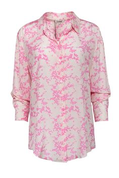 Current Boutique-Tucker - White & Pink Cherry Blossom Collared Blouse Sz L Chic Blouse With Floral Print And Relaxed Fit, Chic Relaxed Fit Blouse With Floral Print, Versatile Floral Print Spring Tops, Elegant Floral Print Blouse With Relaxed Fit, Casual Silk Tops With Floral Print, Casual Silk Top With Floral Print, Trendy Spring Daywear Blouse, Pink Silk Tops For Daywear, Silk Floral Print Blouse For Daywear