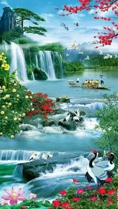 the buddha statue is surrounded by flowers and birds in front of a river with waterfall