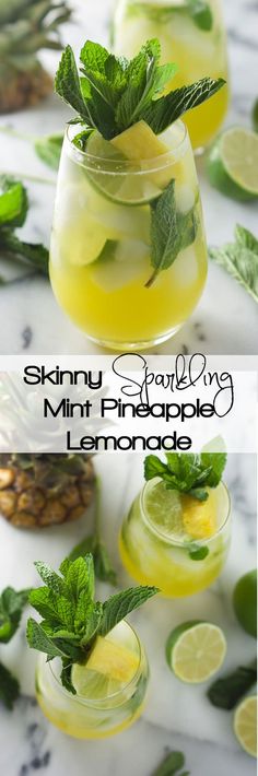 the skinnyy sparkling mint pineapple lemonade is ready to be served in glasses