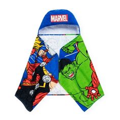 two children's bath robes with the avengers characters on them, one green and one blue