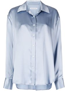 light blue silk layered design classic collar front button fastening long sleeves buttoned cuffs curved hem Silky Shirt, Versace Outfit, Layered Design, Tunic Shirt, Blue Silk, Crop Shirt, Silk Shirt, Blue Shirt, Alexander Wang