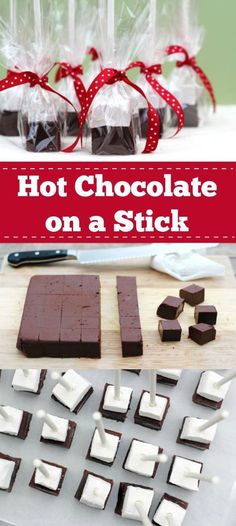 hot chocolate on a stick with marshmallows in the foreground and other treats