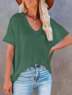 Loose V-neck Solid Short-sleeved T-shirt Shopvhs.com Casual Green V-neck Short Sleeve Top, Casual Stretch V-neck Top With Short Sleeves, Casual Green Solid Color T-shirt, Fall V-neck T-shirt, Casual Solid Color V-neck Top For Summer, Casual Solid Color V-neck T-shirt, Solid Color Short Sleeve V-neck Top For Fall, Casual V-neck Top With Short Sleeves And Stretch, Trendy V-neck T-shirt For Fall