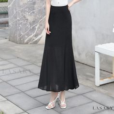 Lasaky - Womens High-Waisted Fish Tail Skirt: Stylish and Flattering Black Chiffon Midi Skirt Chiffon Midi Skirt, Asymmetrical Midi Skirt, Skirted Swimsuit, Plaid Pleated Skirt, Fishtail Skirt, High Waisted Pencil Skirt, Fish Tail, Black Chiffon, Elegant Skirt