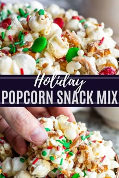 holiday popcorn snack mix in a bowl with sprinkles on top and the title above it