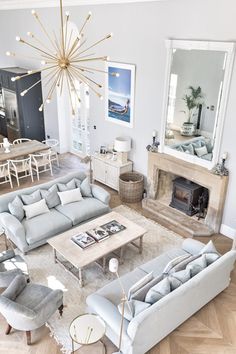 a living room filled with furniture and a fire place in the middle of a room