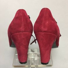 "True vintage 60's Mod shoes are in a wonderful shade of deep maroon suede leather. Lace up, leather ties accent the vamp. Made by \"Saks Fifth Ave\" with a Fenton Last. They are DEADSTOCK, unworn vintage. Gorgeous color, cute MOD style, and fun to wear! These Vintage 1960's original shoes are a size 6 1/2 AAA measuring 9 1/2\" along the innersole, with 2 3/4\" across the ball and a 2 3/4\" chunky, high heel. These are narrow, please compare measurements to a pair that fits you well. No returns. Suede Lined Round Toe Heels For Galas, Evening Suede Court Shoes With Round Toe, Retro Evening Heels For Fall, Vintage Open Toe Suede Heels, Vintage Evening Heels For Fall, Formal Heels With Suede Lining And Round Toe, Vintage Burgundy Heels For Formal Occasions, Vintage Suede Heels With Pointed Toe, Vintage Suede Pointed Toe Heels