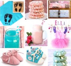 a collage of baby shower items including shoes, towels and other things to wear