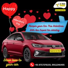 a red volkswagen car with heart shaped balloons on the roof and an ad for valentine's day