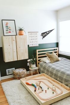 a child's bedroom with a toy train set on the floor and wooden furniture