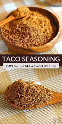 taco seasoning in a wooden bowl with spoons on the side and text overlay that reads, taco seasoning low carb keto gluten - free