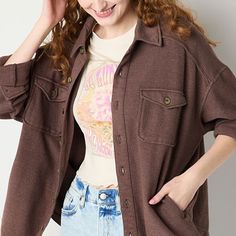 Style warmly while wearing this shirt jacket from Arizona's junior's and women's collection. It's cut for an oversized-fit from soft cotton French terry and has a spread collar, button-flap chest pockets, long cuffed sleeves and a curved hem. Layer it over a t-shirt with jeans and sneakers.Closure Type: ButtonFit: Relaxed FitNeckline: Collar NeckPockets: 2 Side Slip Pockets, 2 Chest Flap PocketsSleeve Length: Long SleeveWarmth Factor: MidweightApparel Length: 30 Inches - Back, 28.5 Inches - Fro… Junior Shirts, Shirt Jackets, Cuff Sleeves, Women Collection, Shirt Jacket, French Terry, Arizona, Coats Jackets, T Shirt