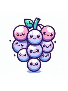 a bunch of blueberries with faces drawn on the front and bottom, all in different colors