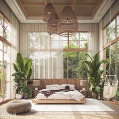 a bedroom with large windows and plants in the room