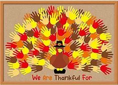 a thanksgiving card with a turkey and handprints in the shape of people's hands