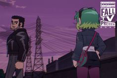 two anime characters standing in front of power lines and telephone poles at dusk with the caption fall preview 2013