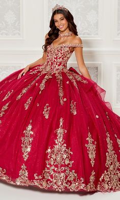 Embroidered quinceanera dress with a sweetheart off-the-shoulder neckline, lace with sequin accents, glitter, and a matching necklace. Burgundy Quince, Quinceanera Dresses Damas, Sweetheart Ballgown, Fabric Beading, Quinceanera Dresses Red, Quinceañera Dresses, Red Quince, Damas Dresses, Red Quinceanera Dresses