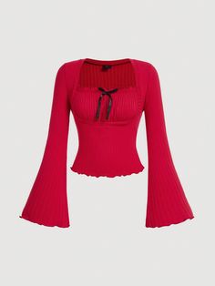 Ladies' Spring/Summer Bow Decorated Square Neck Flare Sleeve Casual T-Shirt Red Casual  Long Sleeve Knitted Fabric Plain  Medium Stretch  Women Clothing, size features are:Bust: ,Length: ,Sleeve Length: Ouat Storybrooke, Red Shirt Long Sleeve, Random Clothing, Korean Fashion Kpop Inspired Outfits, Winter Blouses, Korean Fashion Kpop, Red Long Sleeve Shirt, Flared Sleeves Top, Pink Fits