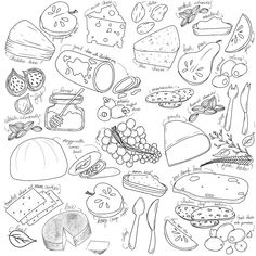 a black and white drawing of different types of food