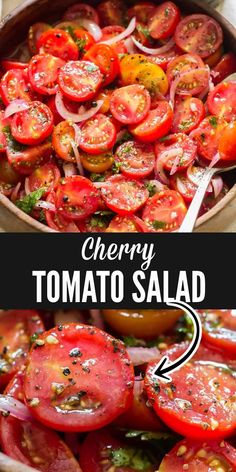 cherry tomato salad in a pan with the title above it and an image of sliced tomatoes