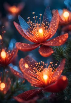 some red flowers are lit up with candles in the dark night sky, surrounded by pine needles