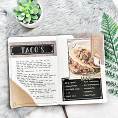 an open recipe book sitting on top of a furry rug next to a potted plant