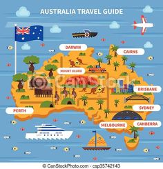 australia travel guide map with all the attractions and things to see on it in english