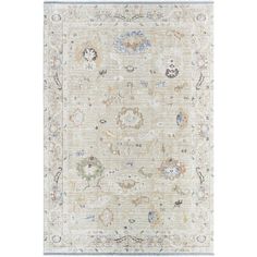 an area rug with various colors and designs on the carpet, including blue, beige, white